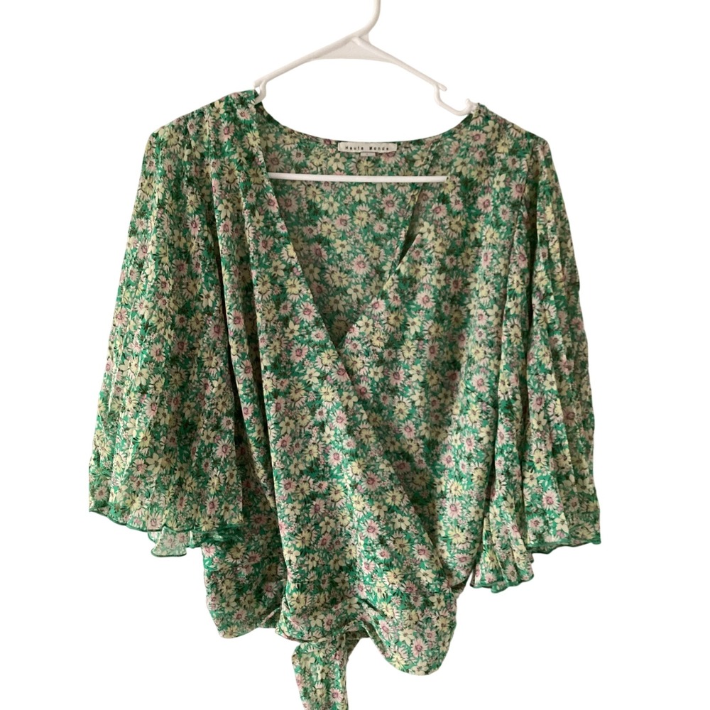 Haute Monde Green Floral Wrap Blouse L Bell Pleated Sleeve Tie Waist Top
